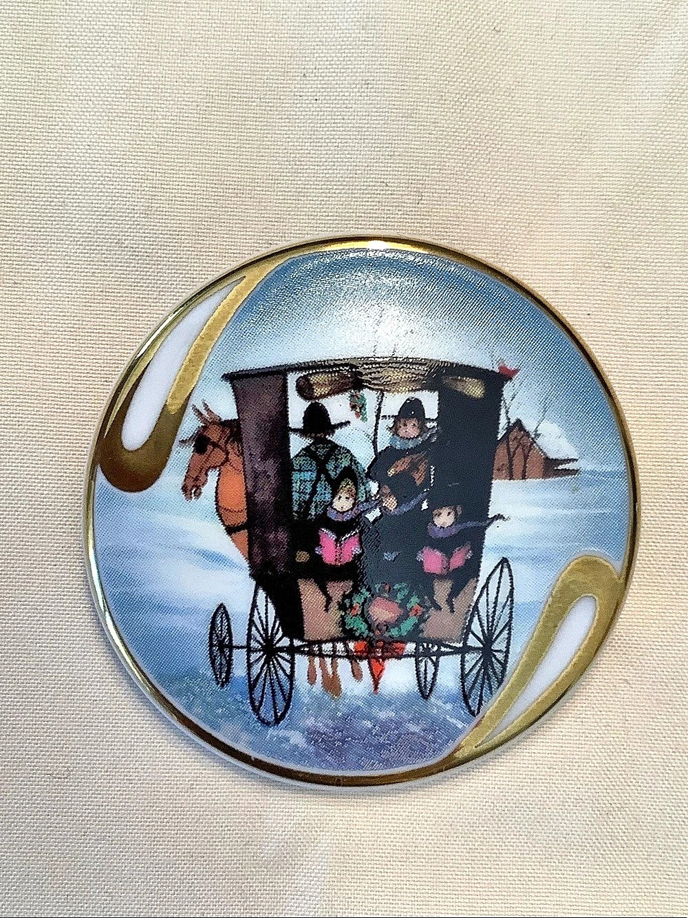 P Buckley Moss society 1996 Christmas Card Enamel Brooch Blue & Gold
